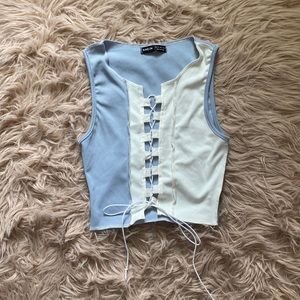 Blue and white lace up crop top